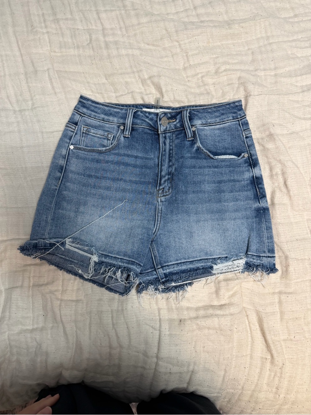 Women’s Mid-Blue Denim Jean Shorts - Casual Frayed Hem